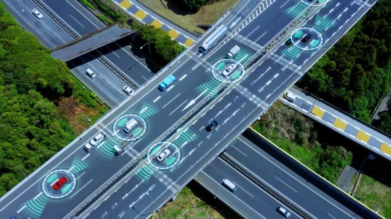Graphic of Traffic on the Interstate with Collision Avoidance Radar Systems