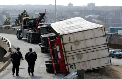 Rolled Over Semi in a City