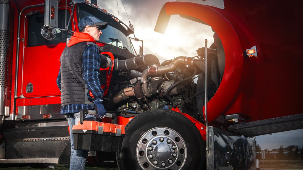 Semi Truck Mechanic Standing Next to Red Truck with Toolbox