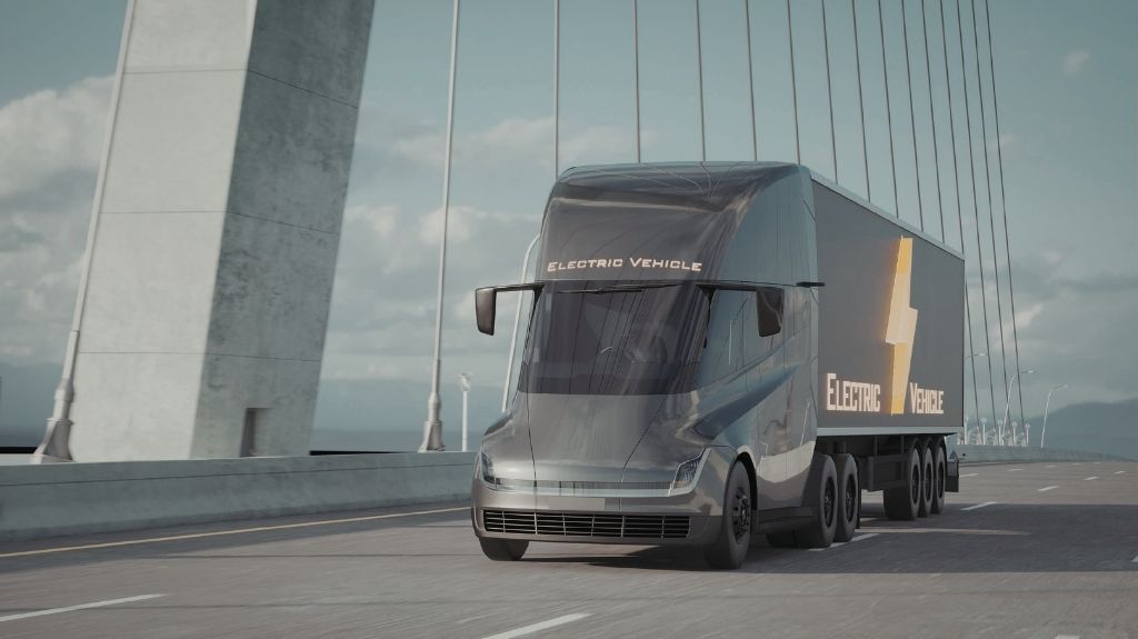 Gray Electric Semi Truck on a Bridge